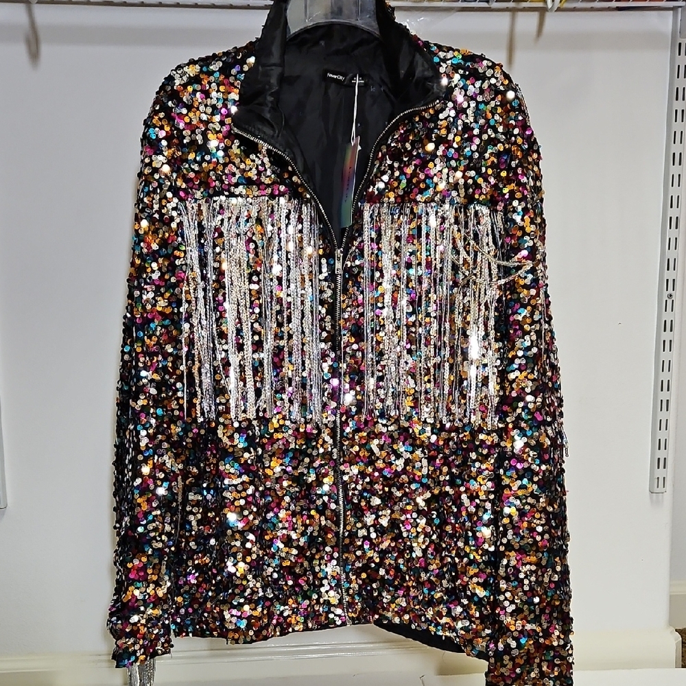 Sequin Fringe Bomber Jacket - Black Multicolor